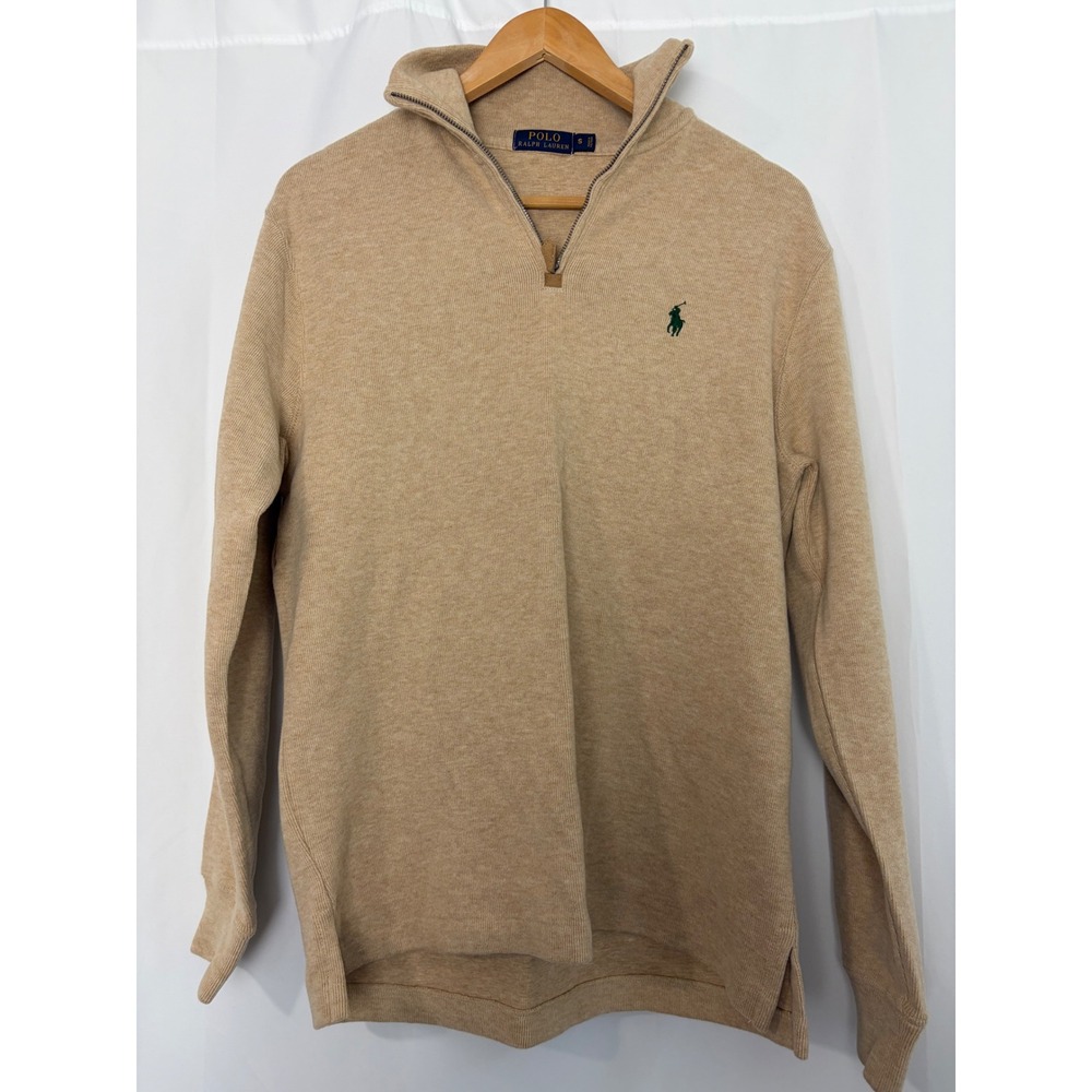 Polo Ralph Lauren Mens Small Tan Cotton Quarter Zip Pullover Sweater Costal